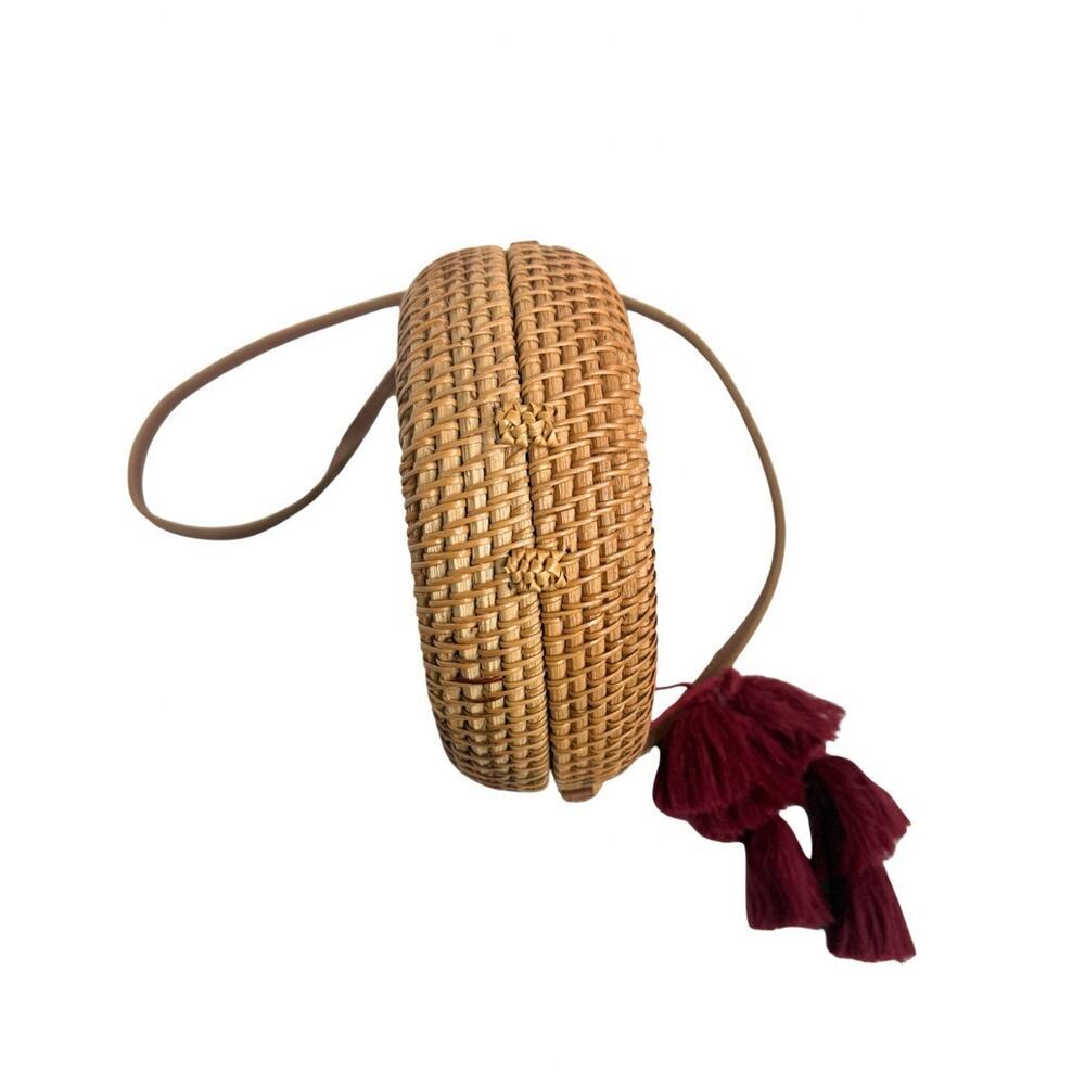 Round Rattan Wicker Crossbody Bag Boho Straw Purse Burgundy Tassels - Picture 3 of 7